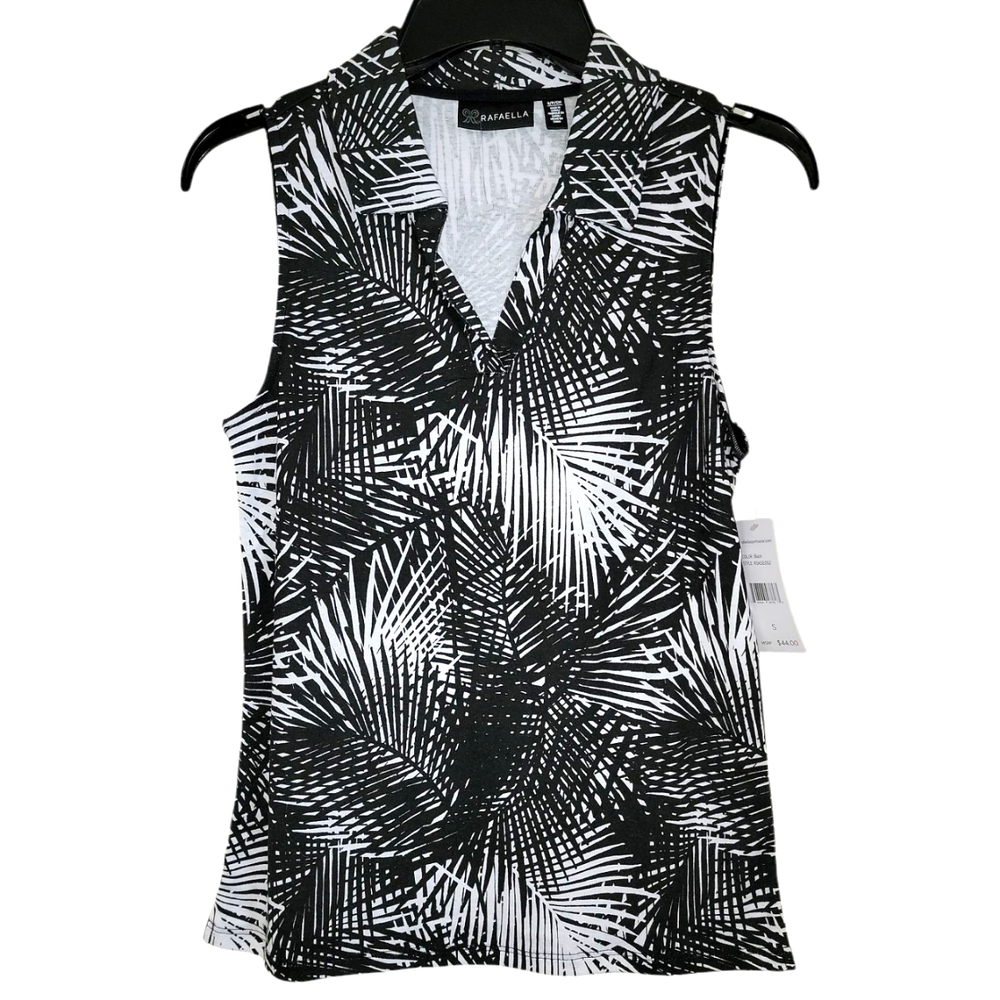 Rafaella Size Small Black and White Graphic Fitted Tank Top with Mandarin Collar